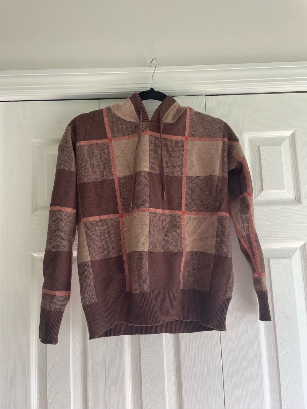 RACHEL Rachel Roy Brown and Pink Plaid Hoodie Sweater